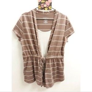 Mix & Co Faux Wrap Short Sleeve Top Size XL Brown Stripes